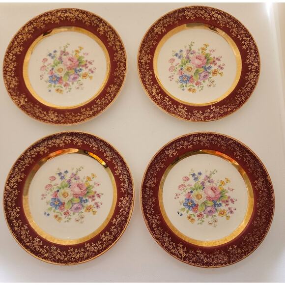 PLATES-BREAD-BUTTER-CENTURY BY SALEM-23K Gold Encrusted-Burgundy-Floral-Set of 4 - Picture 12 of 16